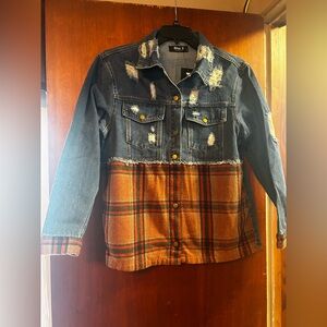 Distressed Denim and Plaid Utility Jacket